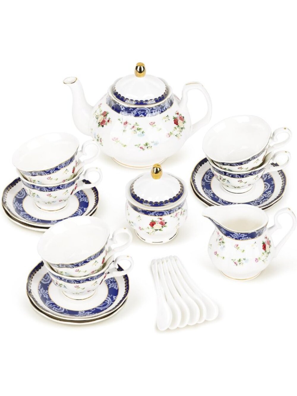 Elegant 21-Piece Blue Lace & Roses Tea Set - Bone China for Adults, Perfect Gift